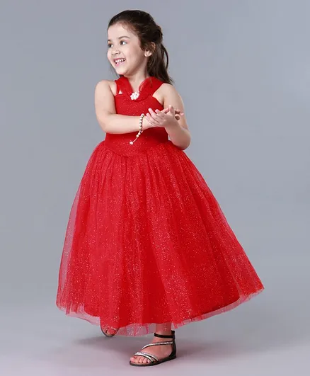 Babyhug Singlet Sleeves Party Gown Pearl Detailing - Red