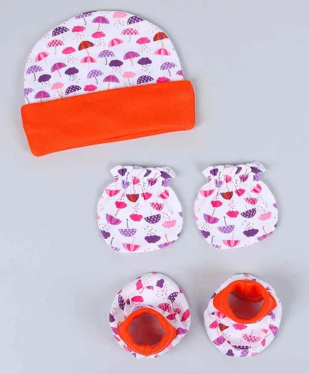 Grandma's Organic Cotton Cap Mittens & Booties Set Umbrella Print Orange - Diameter 11 cm