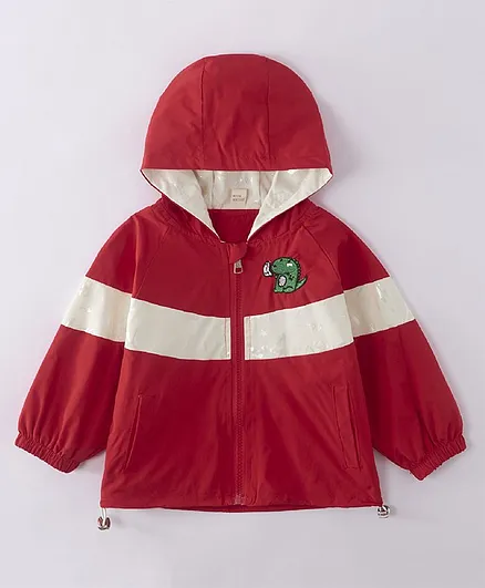 Kookie Kids Full Sleeves Hooded Jacket Dino Embroidery - Red