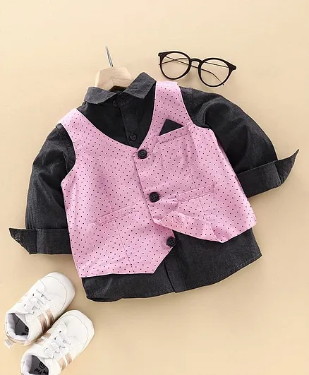 Babyoye Full Sleeves Party Wear Shirt with Polka Dot Print Waist Coat - Pink