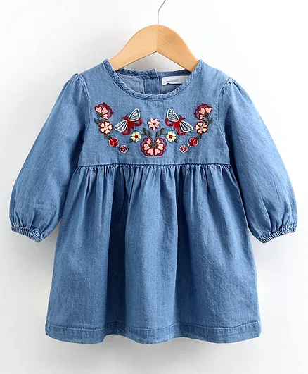 Babyoye Peasent Sleeves Cotton Frock Floral Embroidery - Blue