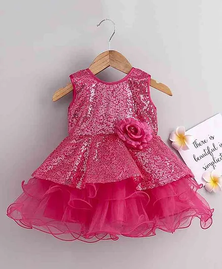 Babyhug Sleeveless Frock Sequin Embellishment - Pink