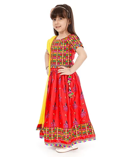 Babyhug Half Sleeves Lehenga Choli Set With Dupatta Embroidered - Red Yellow