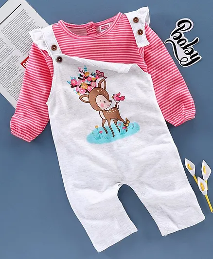 Babyhug Full Length Dungaree With Inner T-Shirt Deer Print - Grey