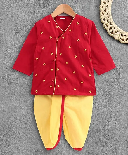 Babyhug Full Sleeves Kurta and Dhoti Set Floral Embroidery - Red Yellow