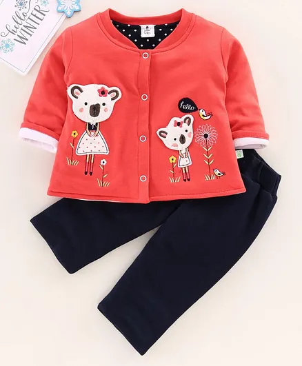 Little Folks Full Sleeves Tee & Lounge Pant Bear Patch - Navy Red
