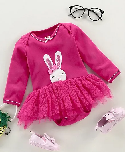 Babyhug Full Sleeves Frock Style Onesie Bunny Print - Dark Pink