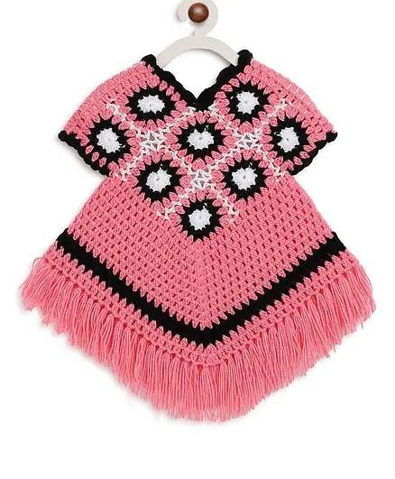 MayRa Knits Short Sleeves Hand Knitted Square Pattern Tasseled Hem Dress - Pink