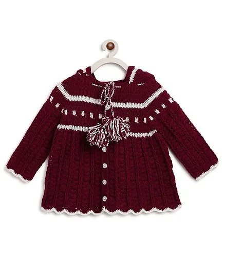 MayRa Knits Hand Knitted Full Sleeves Pom Pom Detailed Hooded Dress - Maroon