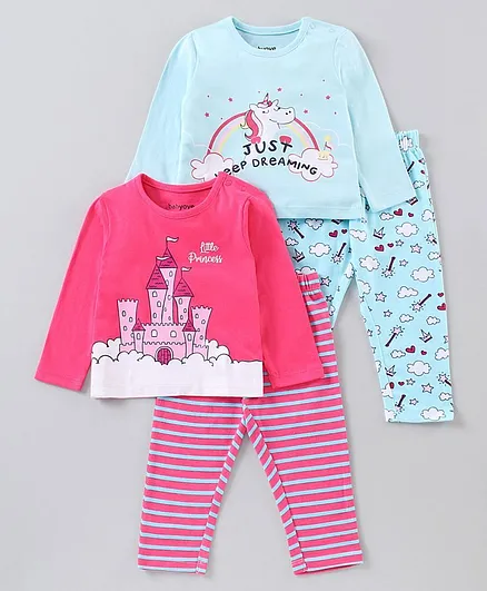 Babyoye Anti Bacterial Full Sleeves Night Suit Unicorn Print Pack of 2 - Blue Pink