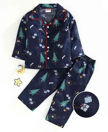 Babyhug Full Sleeves Night Suit Christmas Tree Print - Navy Blue