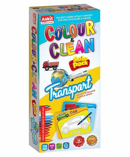 Ankit Toys Activity Colour and Clean Solo Pack Transports Reusable Jumbo Flash Cards Coloring Kit Set of 12 - Multicolour