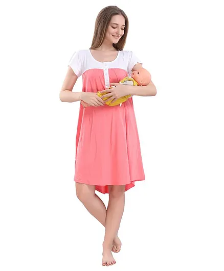 Piu Half Sleeves Color Block Maternity Nighty -  Pink