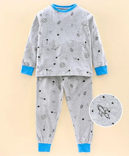 Pine Kids Full Sleeves Night Suit Space Print - Light Grey