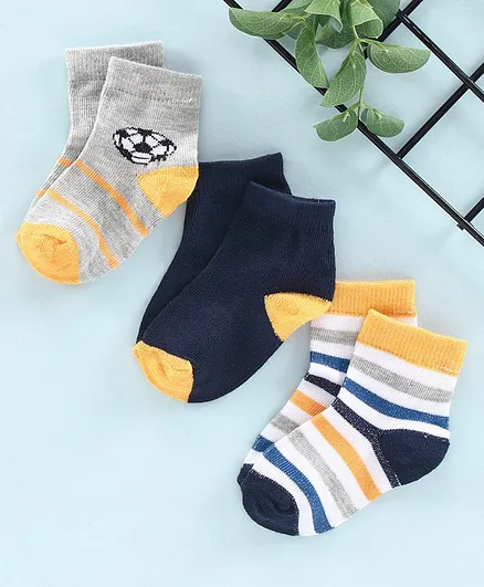 Cute Walk by Babyhug Striped & Football Design Ankle Length Socks Set of 3 Pairs - Navy Blue Grey