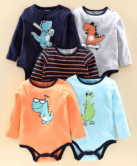 Babyoye Cotton Full Sleeves Bodysuits Dino Print Pack Of 5 - Orange Blue