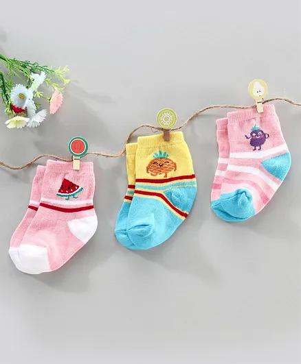 Cute Walk by Babyhug Anti Bacterial Ankle Length Socks Fruit Design Pack of 3 - Pink Yellow