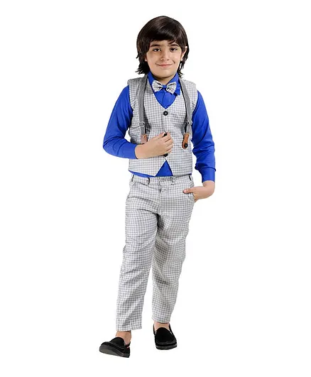Fourfolds Full Sleeves Shirt With Checked Waistcoat Pant & Bow Tie  - Blue