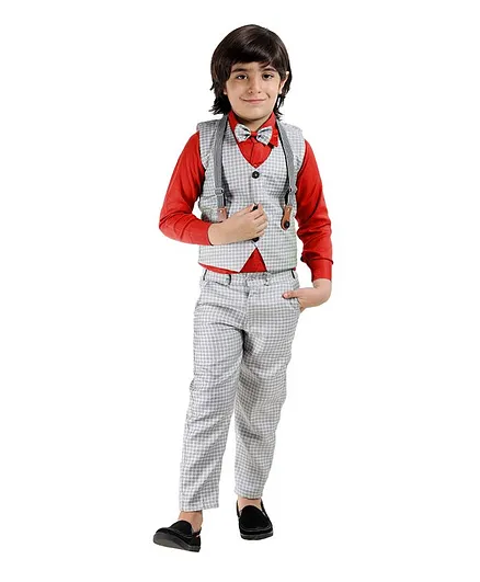 Fourfolds Full Sleeves Shirt With Checked Waistcoat Pant & Bow Tie  - Red