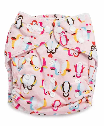 Kicks and Crawl Reusable Velvet Cloth Diaper with Insert Penguin Print - Pink