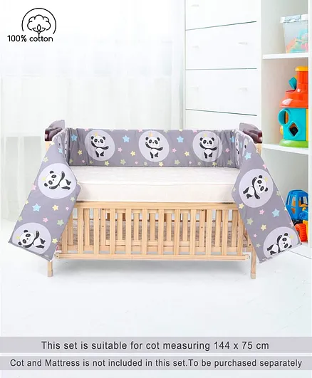 Babyhug 100% Cotton Cot Bumper Panda Print Large - Grey (Cot not Included)