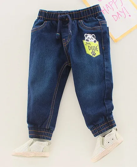 Babyhug Full Length Jogger Jeans With Drawstring Dude Print - Dark Blue