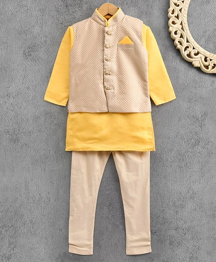 Ethnik's Neu Ron Full Sleeves Kurta & Pyjama With Jacket - Yellow Cream