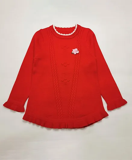 Kookie Kids Full Sleeves Sweater with Floral Applique - Red