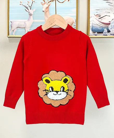 Kookie Kids Full Sleeves Sweater Lion Design - Red