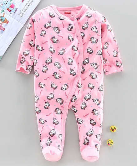 Babyhug Full Sleeves Footed Sleepsuit Unicorn Print - Pink