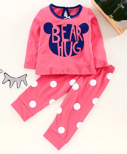 Babyhug Full Sleeves Night Suit Bear Print - Pink
