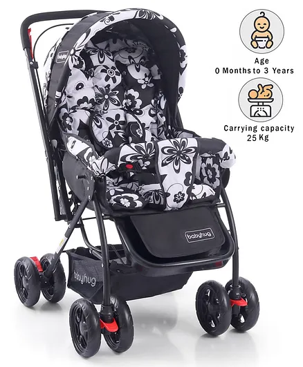 Babyhug Cosy Cosmo Stroller With Reversible Handle & Back Pocket - Black & White