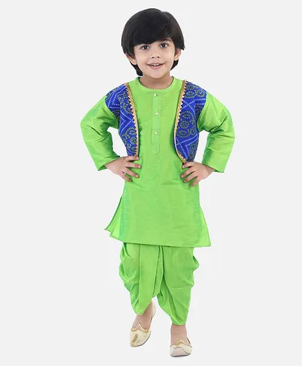 Bownbee Full Sleeves Bandhani Jacket Attached Kurta & Dhoti Set - Light Green