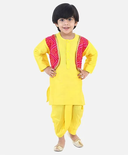 Bownbee Full Sleeves Bandhani Jacket Attached Kurta & Dhoti Set - Yellow