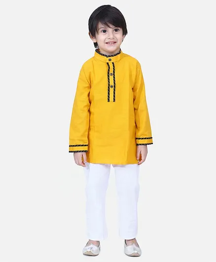 BownBee Full Sleeves Solid Color Kurta With Pyjama  - Yellow