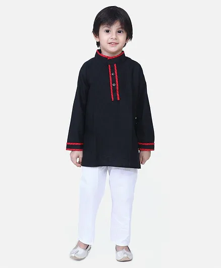 BownBee Full Sleeves Solid Color Kurta With Pyjama  - Black