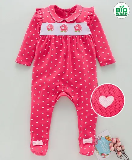 Babyoye Biowash Full Sleeves Footed Sleep Suit Heart Print - Dark Pink