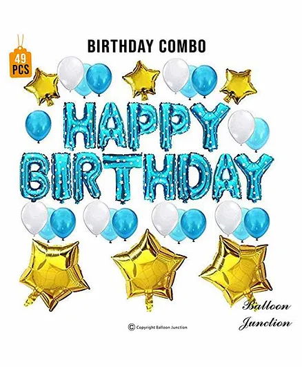 Balloon Junction Happy Birthday Foil Letters with Metallic & Star Balloons Blue - Pack of 49