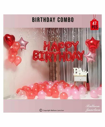 Balloon Junction Happy Birthday Letter Foil Decoration Kit with Red Pink Balloons  - Pack of 47