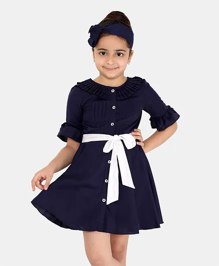 Naughty Ninos Full Sleeves Contrast Bow Detailed Pleated Dress - Navy Blue
