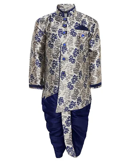 Aj Dezines Flower Printed Indo Western Full Sleeves Sherwani With Pyjama Set - Navy Blue