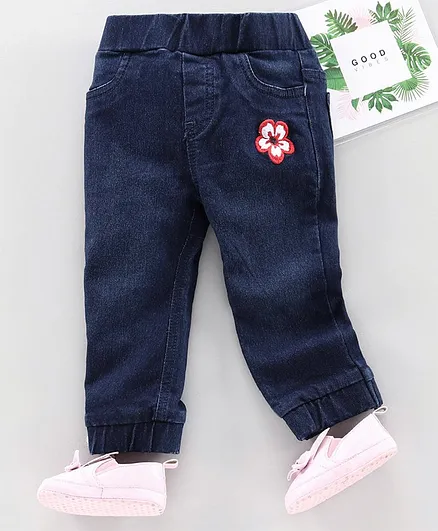 Babyhug Full Length Pull Up Jeans Flower Embroidery - Dark Blue