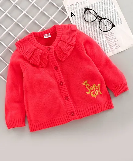 Babyhug Full Sleeves Sweater Supper Girl Print - Neon Pink