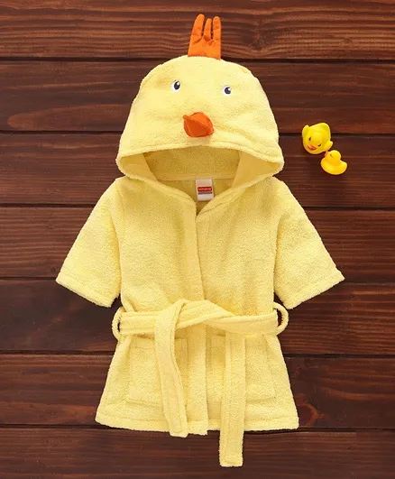Babyhug Full Sleeves Bath Robe With 3D Hood Chick Print - Yellow