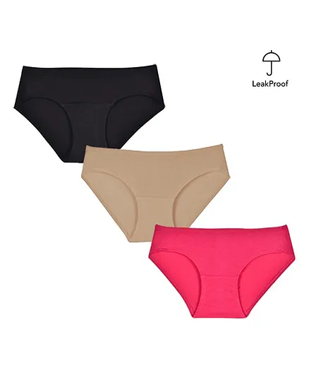 Adira Pack Of 3 Solid Colour Leak Proof Panties - Black Beige Pink