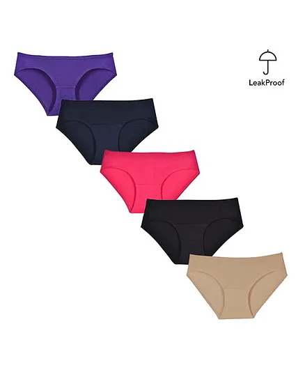 Adira Pack Of 5 Solid Colour Leak Proof Panties - Multi Colour