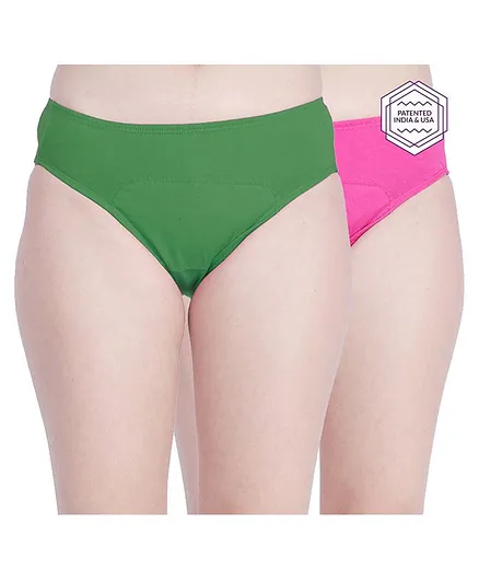 Adira Pack Of 2 Solid Colour Hipster Period Panties - Green & Pink
