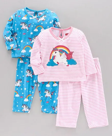 Babyhug Full Sleeves Night Suits Unicorn Print Pack of 2 - Pink Blue