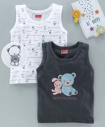 Babyhug Sleeveless Vests Bear Print Pack of 2 - White Dark Grey