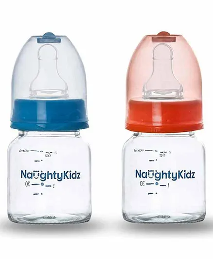 Naughty Kidz 2 Glass Feeding Bottles with 4 Nipples Blue Orange - 60 ml Each